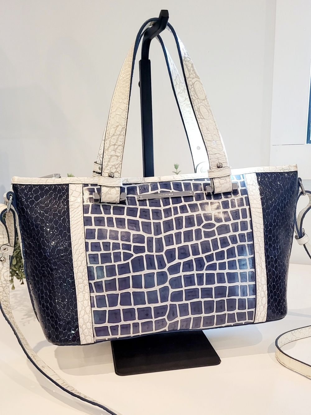 Brahmin Navy and Cream Croc-Embossed